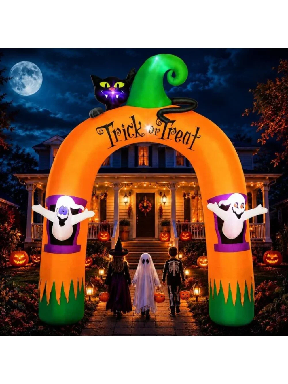10FT Halloween Inflatable Archway with 7 LED Lights, Black Cat & Ghosts Yard